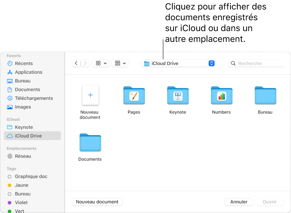 La zone de Dialogue Ouvrir avec la barre latérale ouverte sur la gauche et iCloud Drive sélectionné dans le menu local en haut. Des dossiers pour Keynote, Numbers et Pages apparaissent dans la zone de dialogue, ainsi que le bouton Nouveau document.