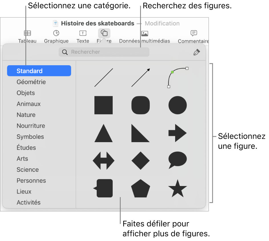 Bibliothèque de figures, avec les catégories répertoriées sur le côté gauche et les figures affichées sur le côté droit. Vous pouvez utiliser le champ de recherche situé en haut pour rechercher des figures. Vous pouvez également parcourir l’écran pour en trouver d’autres.