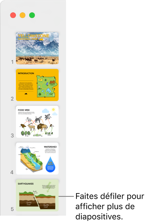 Le navigateur de diapositives avec cinq diapositives affichées verticalement par ordre séquentiel, et la possibilité de faire défiler vers le bas pour afficher d’autres diapositives.
