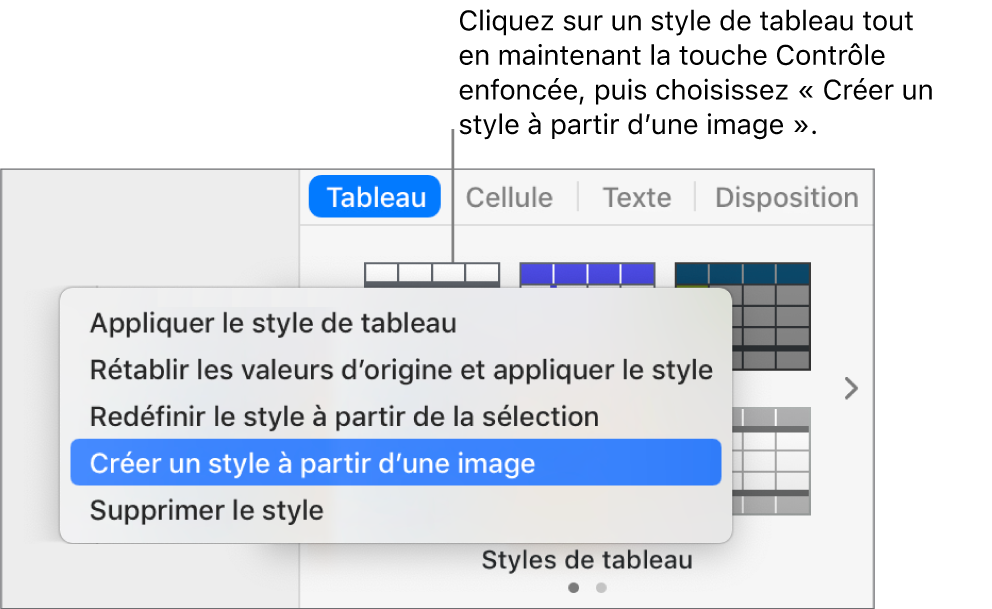 Le menu contextuel Style de tableau.