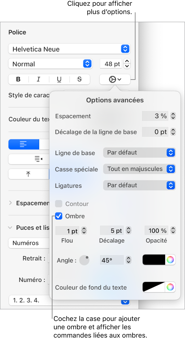 Les options avancées avec la case Ombre cochée et les commandes pour définir le flou, le décalage, l’opacité, l’angle et la couleur.