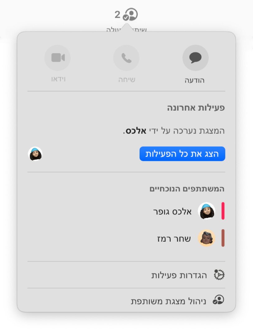 תפריט ״שיתוף פעולה״ מראה את שמות האנשים המשתפים פעולה בעבודה על המצגת.