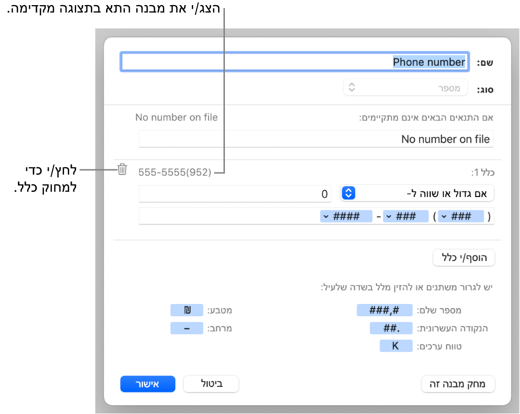 מבנה תא מספר מותאם אישית עם כללים.