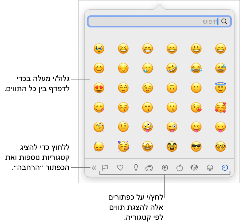 החלון הקופצני ״תווים מיוחדים״ עם סמלי הבעה, כפתורים עבור סמלים מסוגים שונים בחלק התחתון והסבר לכפתור להצגת חלון התווים המלא.