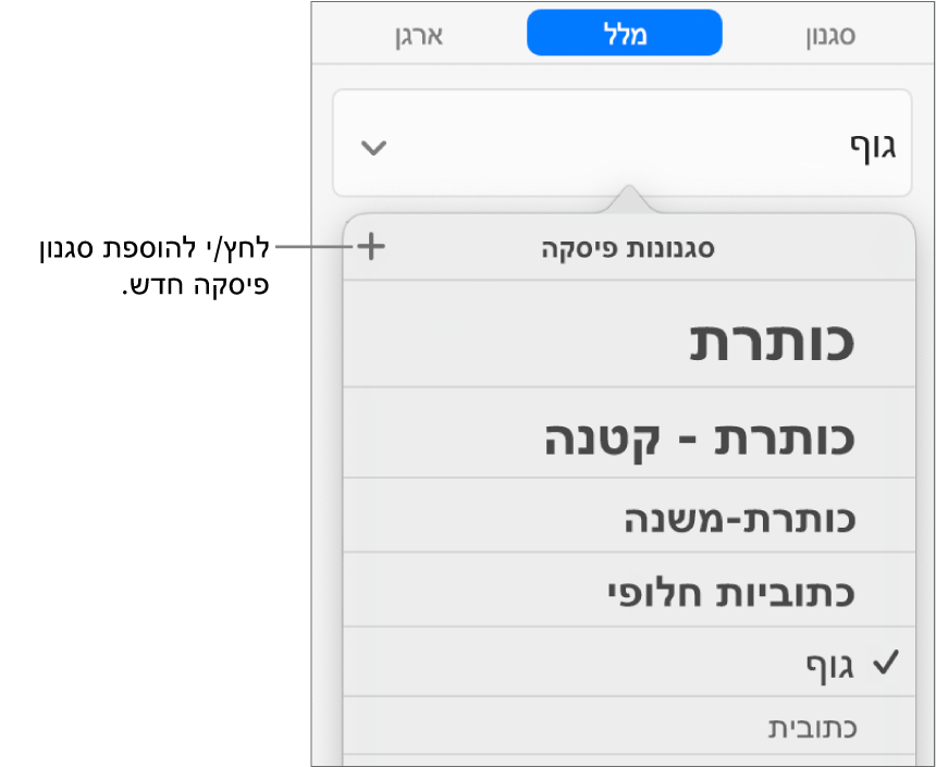 התפריט ״סגנונות פיסקה״ עם הסבר לכפתור ״סגנון חדש״.