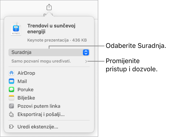 Izbornik dijeljenja s opcijom Suradnja odabran na vrhu i postavke pristupa i dozvola ispod.