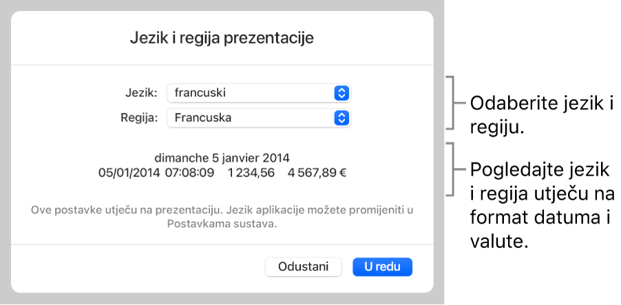 Prozor Jezik i regija s kontrolama za jezik i regiju te primjer formatiranja uključujući datum, vrijeme, decimalu i valutu.