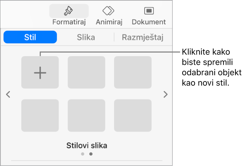 Kartica Stil u rubnom stupcu Formatiraj s jednim stilom tekstualnog okvira, tipkom Izradi stil s desne strane te četiri prazna držača mjesta za stil.