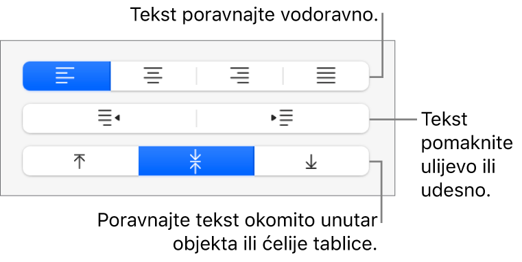 Odjeljak Poravnanje tipke Formatiraj s balončićima za tipke za poravnanje teksta.