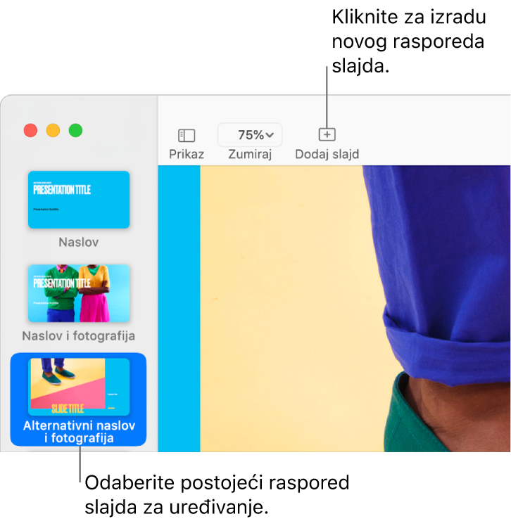 Raspored slajdova pojavljuje se u području rasporeda slajda, a iznad njega se u alatnoj traci nalazi tipka Dodaj slajd.