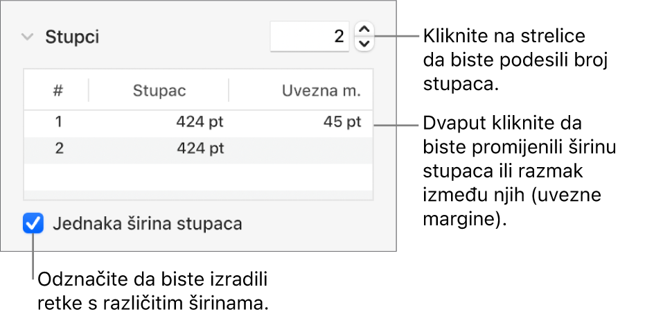 Kontrole u odjeljku sa stupcima koje služe za promjenu broja stupaca i širine svakog stupca.