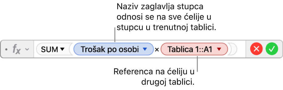 Urednik formula s trokutom koji možete kliknuti za otvaranje opcija za očuvanje referenci na retke i stupce.