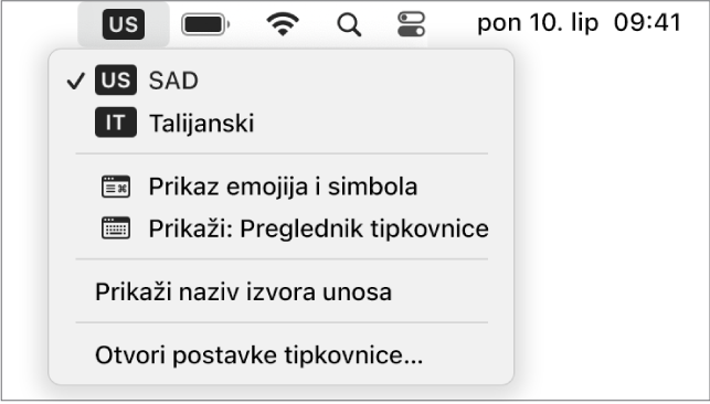 Izbornik unosa u gornjem desnom kutu trake s izbornicima.