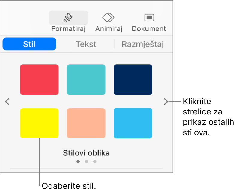 Kartica Stil u rubnom stupcu Formatiraj sa šest stilova objekata i navigacijskim strelicama s njihove lijeve i desne strane.