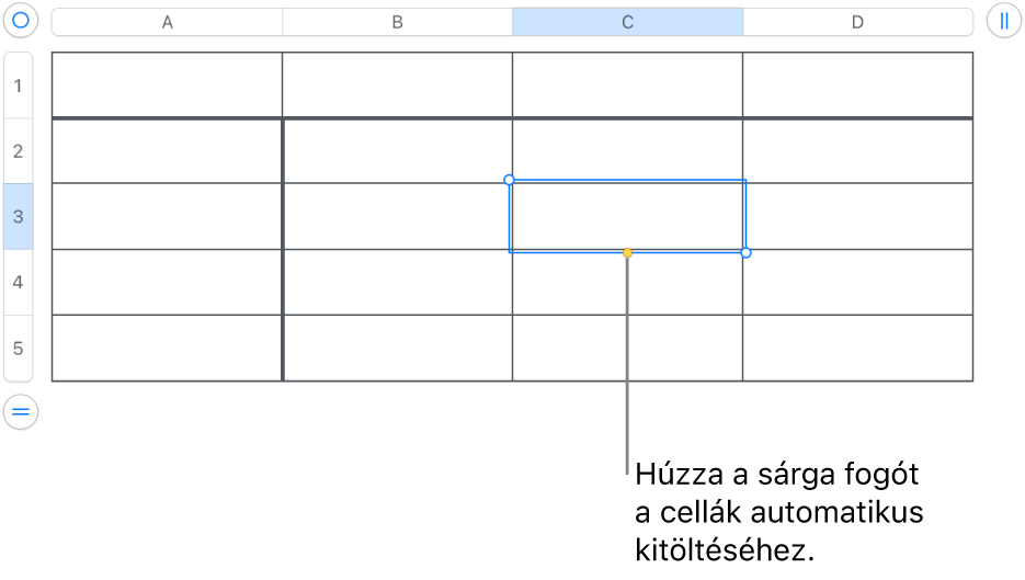 Egy kijelölt cella sárga szegéllyel, amelyet igény szerint elhúzhat a cellák automatikus kitöltéséhez.