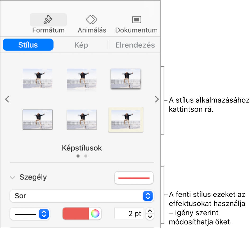 A Formátum oldalsáv Stílus lapja az objektumstílus-beállításokkal.
