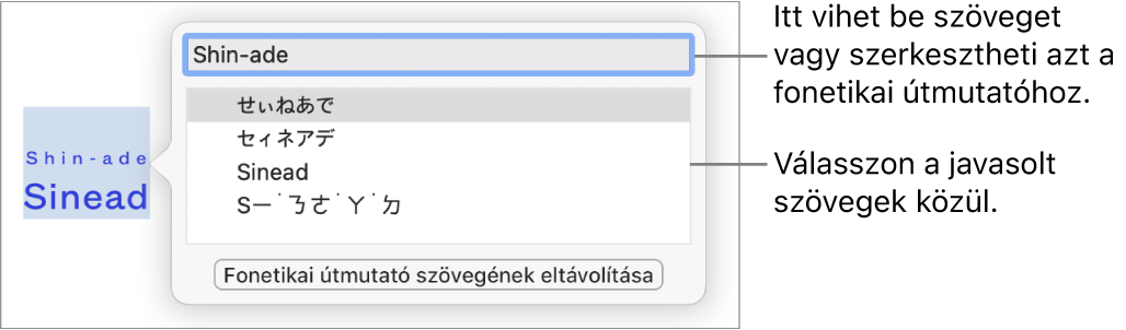 A fonetikai útmutató egy szóra megnyitva, a szövegmezőre és a javasolt szövegre vonatkozó ábrafeliratokkal.