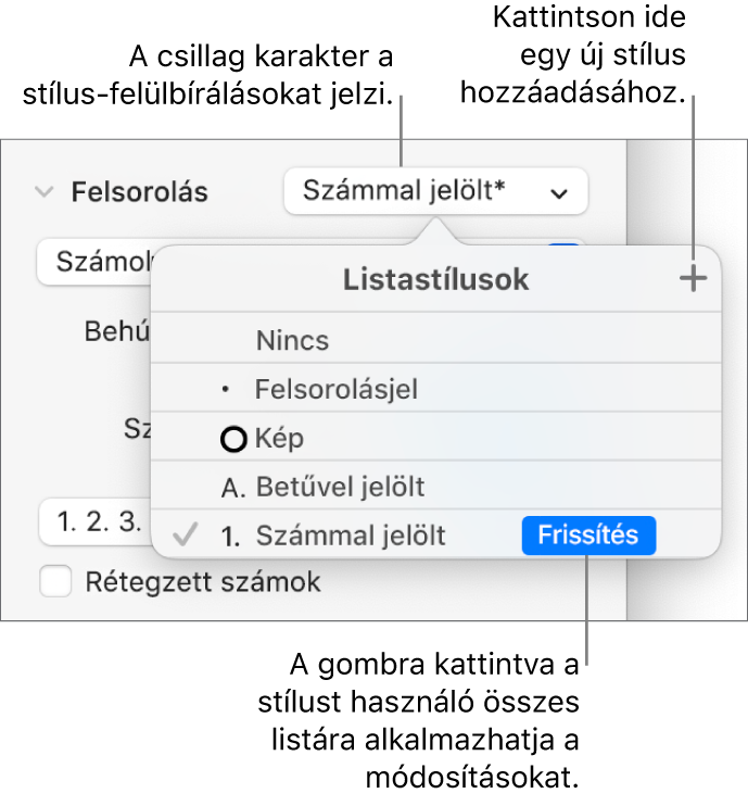 A Listastílusok előugró menü, amelynél egy csillag karakter jelzi a felülírást, továbbá az Új stílus gombra vonatkozó ábrafeliratok és egy, a stílusok kezelésének beállításait tartalmazó almenü láthatók.