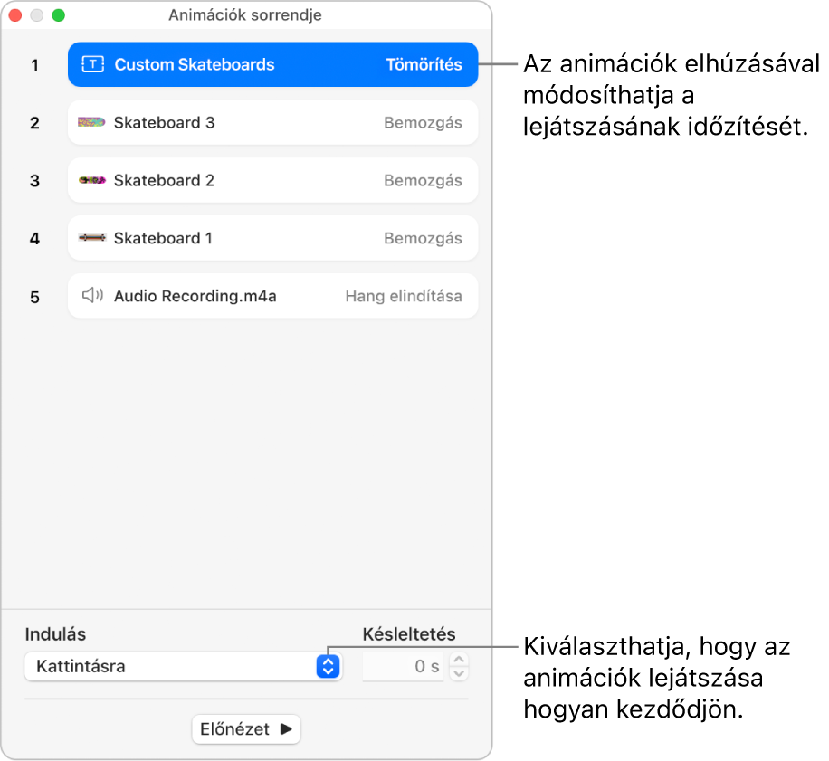 Az Animációk sorrendje ablak.