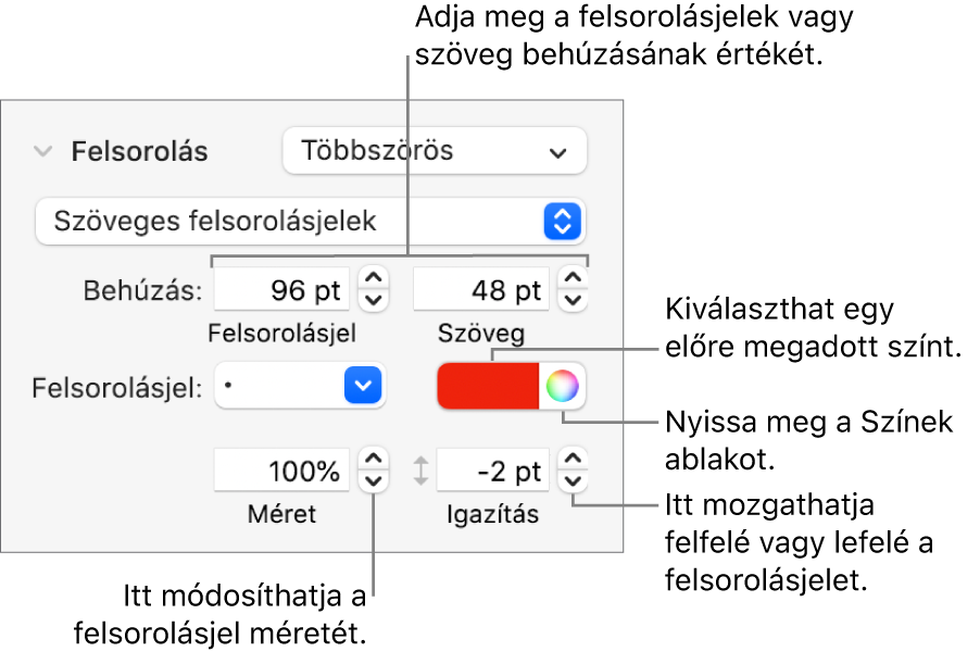 A Felsorolásjelek és listák szakasz a felsorolásjel- és szövegbehúzás, a felsorolásjelszín, -méret és igazítás vezérlőit jelölő feliratokkal.