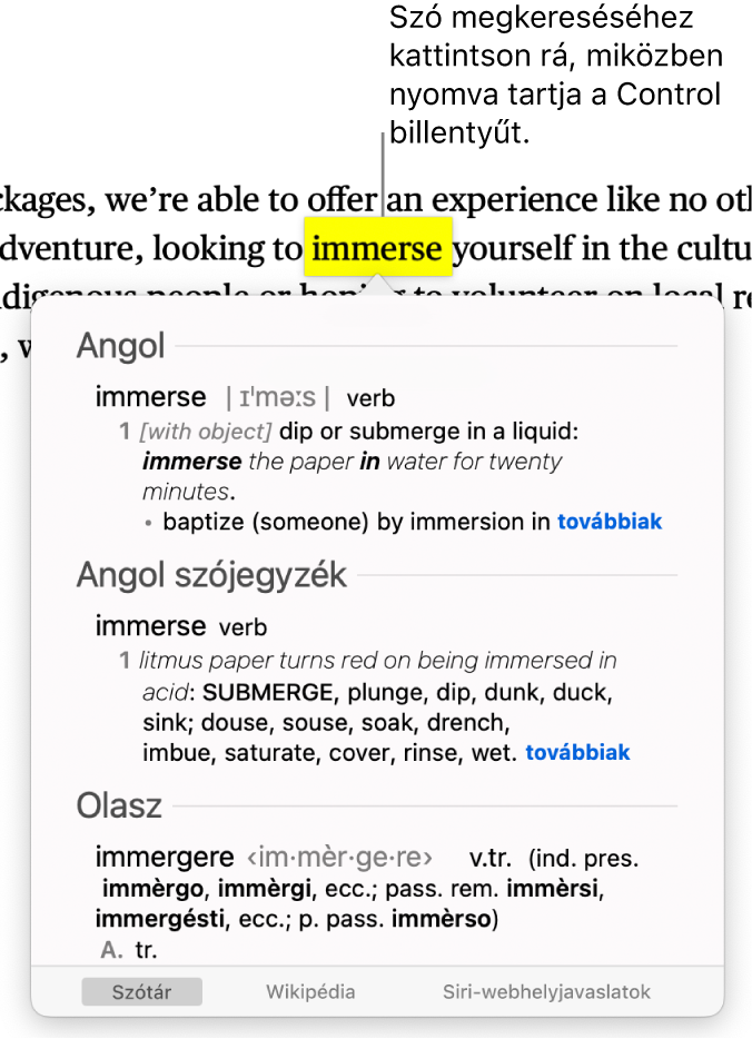 Szöveg, amelyben egy szó ki van emelve, és egy ablak, amely a definíciót és a Wikipédia-bejegyzést jeleníti meg. A két gomb az ablak alján a szótárra és a Wikipédiára mutató hivatkozást tartalmazza.