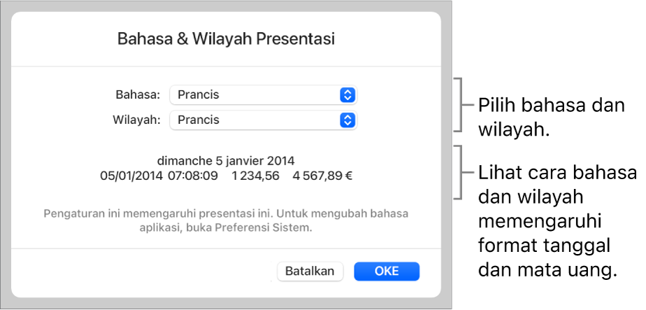 Panel Bahasa & Wilayah dengan kontrol untuk bahasa dan wilayah, serta contoh format termasuk tanggal, waktu, desimal, dan mata uang.