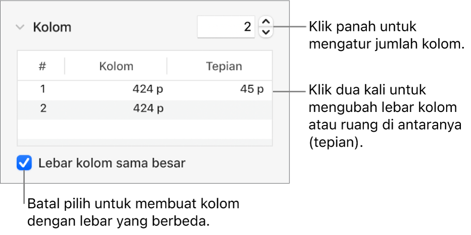 Kontrol di bagian kolom untuk mengubah jumlah kolom dan lebar setiap kolom.