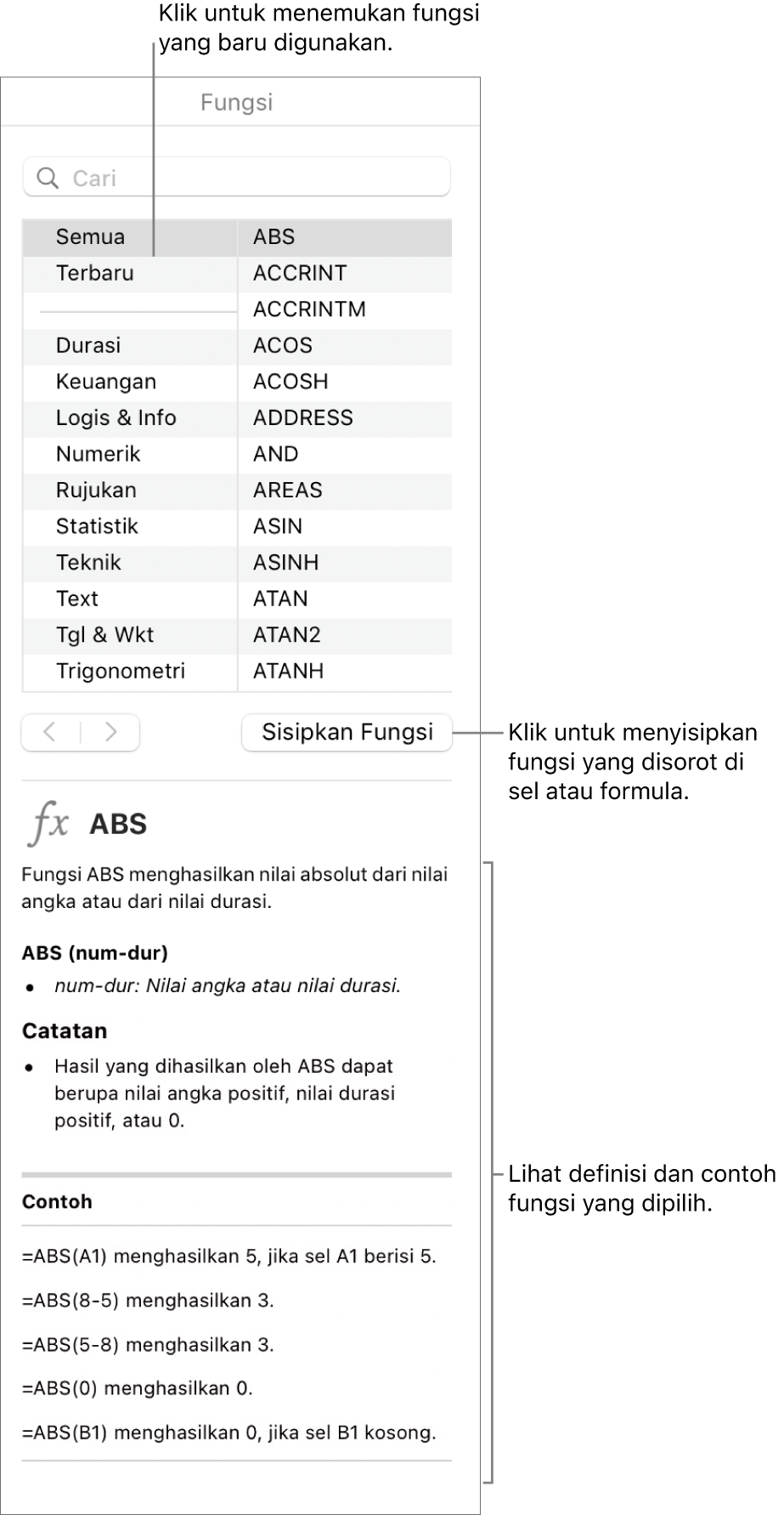 Browser Fungsi dengan keterangan pada fungsi yang baru digunakan, tombol Sisipkan Fungsi, dan definisi fungsi.