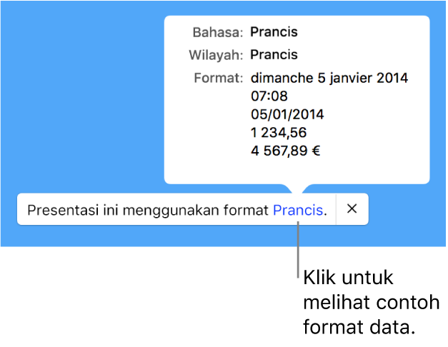 Pemberitahuan pengaturan bahasa dan wilayah yang berbeda, menunjukkan contoh format dalam bahasa dan wilayah tersebut.