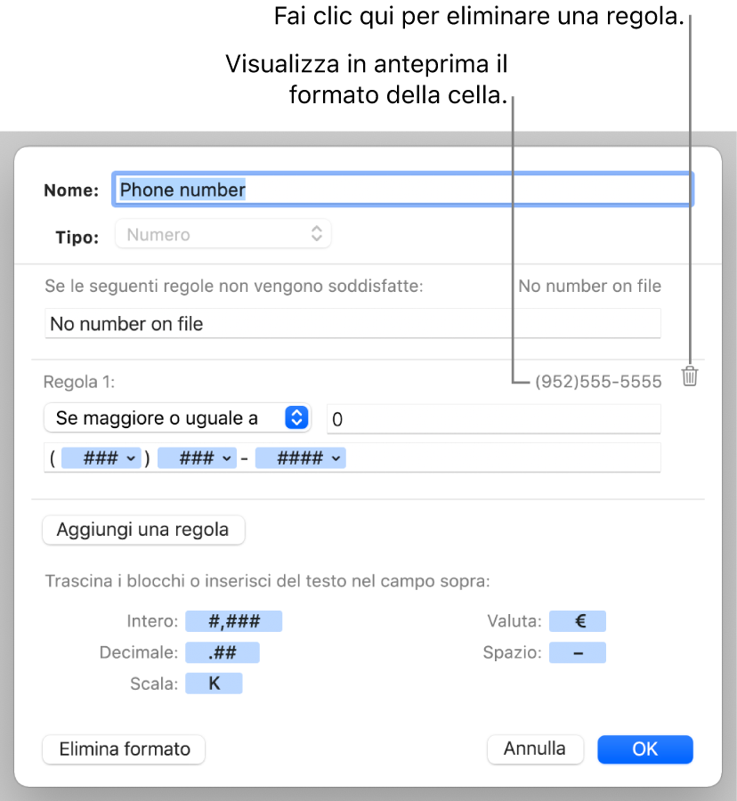 Formato personalizzato di celle di numeri, con regole.