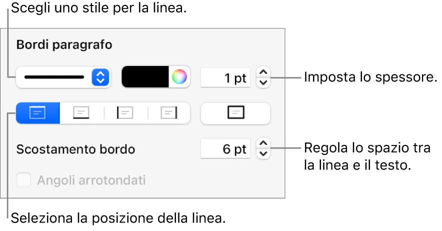 Controlli per modificare lo stile, lo spessore, la posizione e il colore della linea.