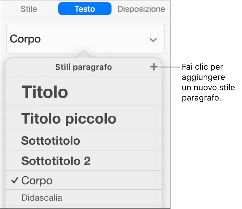 Il menu “Stili paragrafo” con una didascalia del pulsante “Nuovo stile”.