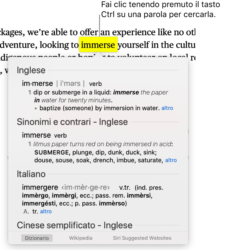 Testo con una parola evidenziata e una finestra che mostra la sua definizione e un sinonimo. Due pulsanti nella parte inferiore della finestra forniscono i link al dizionario e a Wikipedia.