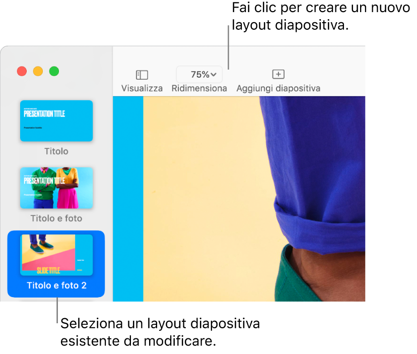 Layout diapositiva nell’area del layout, con il pulsante “Aggiungi diapositiva” nella barra strumenti.