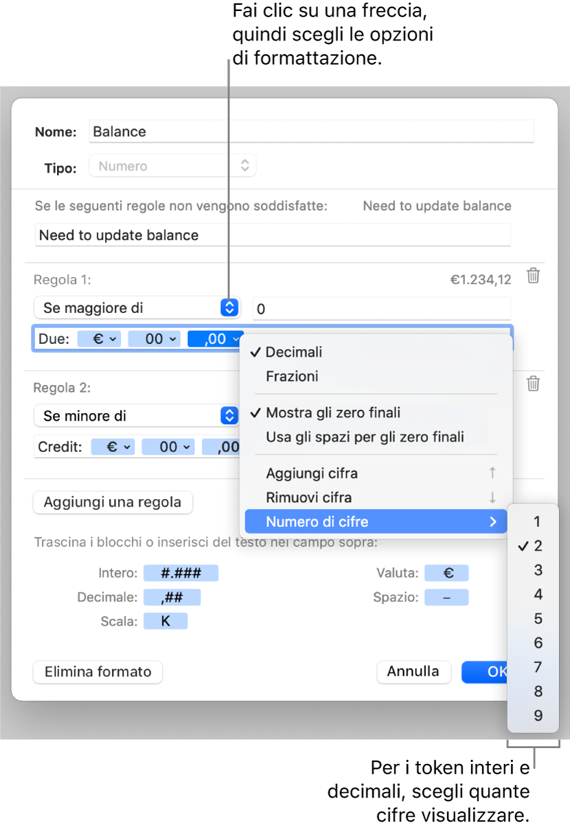 Finestra per la formattazione delle celle con controlli per la creazione di un formato di numero personalizzato.