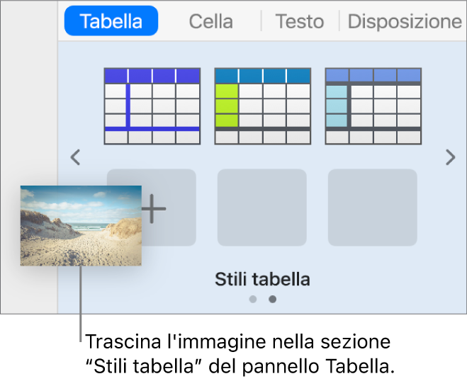 Trascinamento di un’immagine negli stili di tabella per creare un nuovo stile.