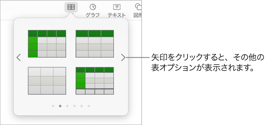 「表を追加」パネル。左右にナビゲーション矢印が表示された状態。