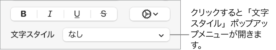 「文字スタイル」ポップアップメニュー。上にはテキストスタイルや色を変更するためのコントロールがあります。