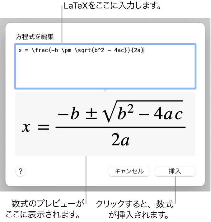 LaTeXを使用して書き込まれた二次方程式の解の公式が「方程式」フィールドに、公式のプレビューがその下に表示されます。