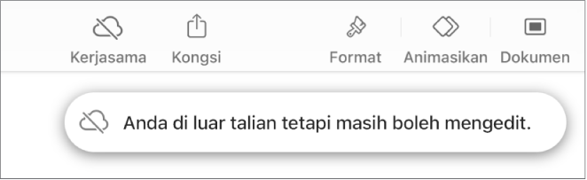 Butang di bahagian atas skrin, dengan butang Kerjasama bertukar menjadi awan dengan garis pepenjuru merentasinya. Isyarat pada skrin menyatakan “Anda di luar talian tetapi masih boleh mengedit”.