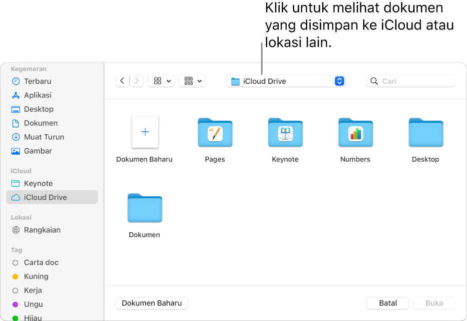 Dialog Buka dengan bar sisi dibuka pada bahagian kiri dan iCloud Drive dipilih dalam menu timbul di bahagian atas. Folder untuk Keynote, Numbers dan Pages kelihatan dalam dialog, bersama dengan butang Dokumen Baharu.