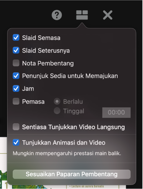 Pilihan paparan pembentang, termasuk Slaid Semasa, Slaid Seterusnya, Nota Pembentang, Penunjuk Sedia untuk Memajukan, Jam dan Pemasa. Pemasa mempunyai pilihan tambahan untuk menunjukkan sama ada masa yang berlalu atau masa yang tinggal.