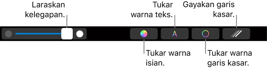 MacBook Pro Touch Bar dengan kawalan untuk melaraskan kelegapan bentuk, menukar isian warna, menukar warna teks, menukar warna garis kasar dan menggayakan garis kasar.