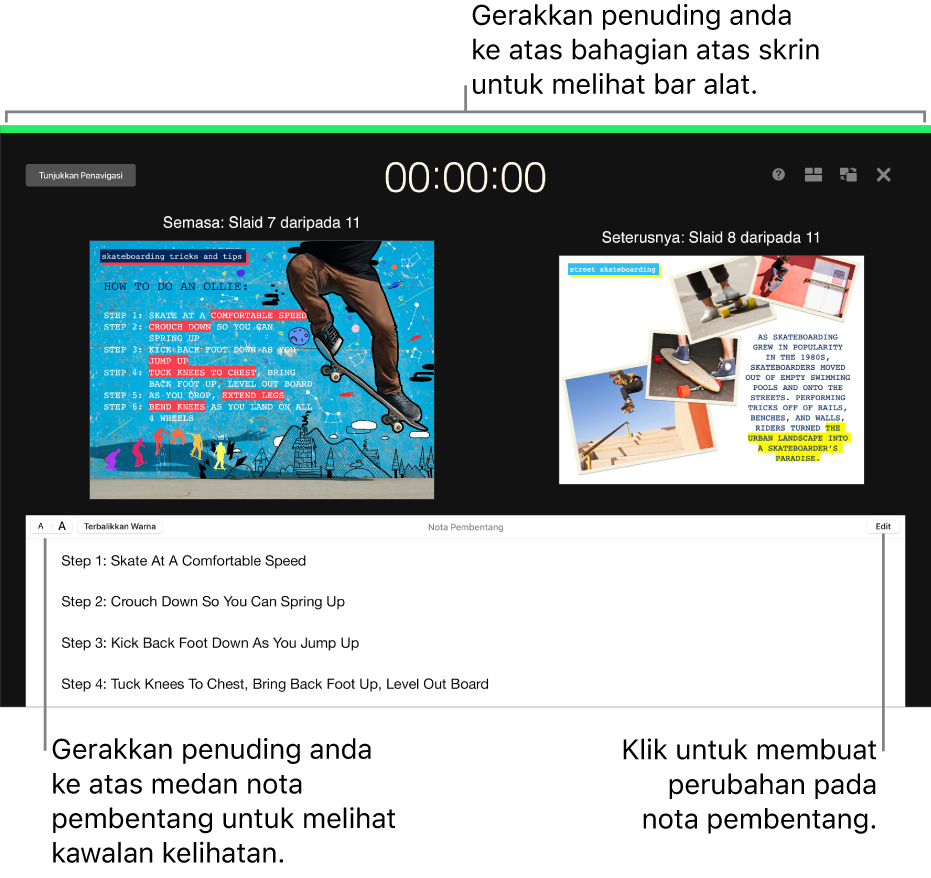 Paparan pembentang Keynote dengan butang untuk membuka dan menutup penavigasi slaid dan pilihan paparan sepanjang bahagian atas skrin. Slaid semasa dan slaid seterusnya kelihatan di bahagian tengah skrin, dengan medan Nota Pembentang di bahagian bawah.