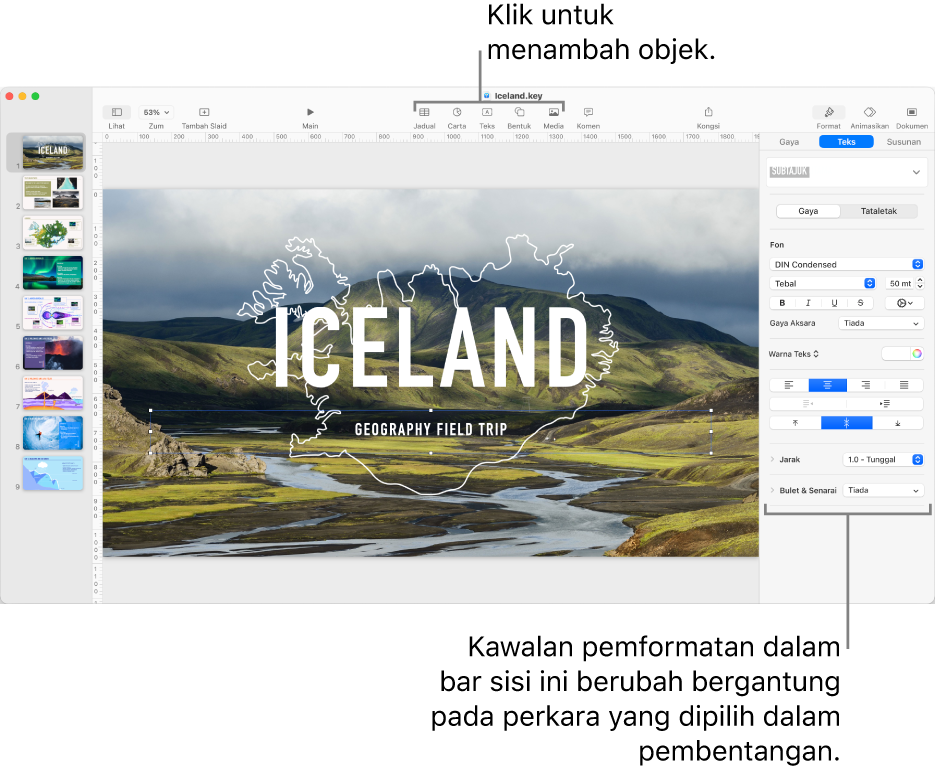 Butang Keynote dalam bar alat untuk menambahkan objek dan membuka bar sisi.