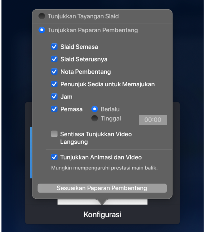 Pilihan untuk perkara yang ditunjukkan pada setiap paparan. Anda boleh menunjukkan tayangan slaid atau menunjukkan paparan pembentang yang mempunyai pilihan termasuk Slaid Semasa, Slaid Seterusnya, Nota Pembentang, Penunjuk Sedia untuk Memajukan, Jam dan Pemasa. Pemasa mempunyai pilihan tambahan untuk menunjukkan sama ada masa yang berlalu atau masa yang tinggal.