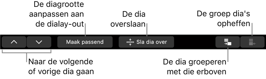 De Touch Bar op een MacBook Pro met regelaars voor het navigeren naar de volgende of vorige dia, het aanpassen van de diagrootte aan het dialay-outgebied, het overslaan van een dia en het groeperen van dia's of het opheffen van de groepering.