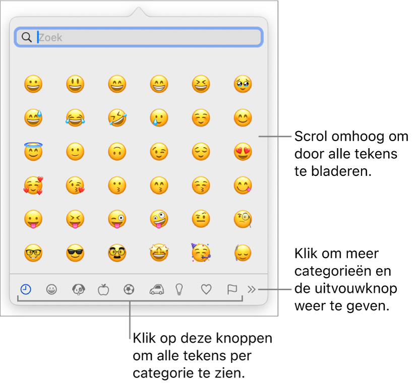 Het pop‑upmenu 'Speciale tekens' met emoticons, knoppen voor verschillende soorten symbolen (onderin) en uitleg bij de knop voor het volledige venster met tekens.