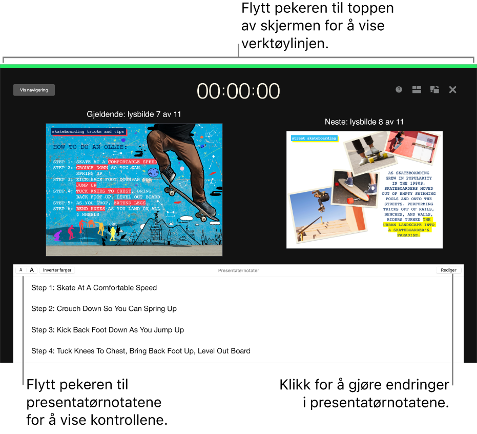 Keynote-presentatørskjermen med knapper for å åpne og lukke lysbildenavigeringen og skjermvalg langs toppen av skjermen. Det gjeldende lysbildet og det neste lysbildet vises på midten av skjermen, med Presentatørnotater-feltet nederst.