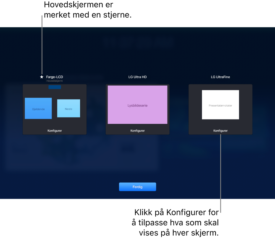 Skjermkonfigurasjon-skjermen viser tre bildeminiatyrer som representerer en MacBook og to eksterne skjermer. En Konfigurer.knapp vises nederst på hver bildeminiatyr. MacBook-skjermen er merket Hovedskjerm med en stjerne ved siden av navnet. Ferdig-knappen vises nederst på skjermen.